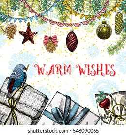 Warm Wishes,  Merry Christmas holiday lettering with holly berry, bow, bird and pinecones.