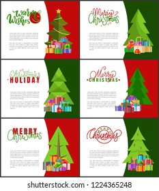 Warm wishes and Merry Christmas invitations. Decorated spruces and forest pines, vector lettering inscriptions. Green Xmas trees and piles of gifts beneath