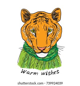 Warm wishes, Merry Christmas New Year's card design Tiger head in a knitted sweater and a green scarf. Sketch drawing. Black contour on a white background. Vector