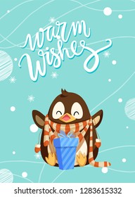 Warm wishes penguin in scarf and blue present gift box. Arctic bird in winter clothes with present box. Animal celebrating holiday greeting card with snowflakes