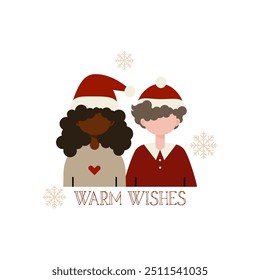 Warm wishes postcard decorated with snowflakes. Man and woman characters wearing Santa hat. Christmas greeting card vector illustration