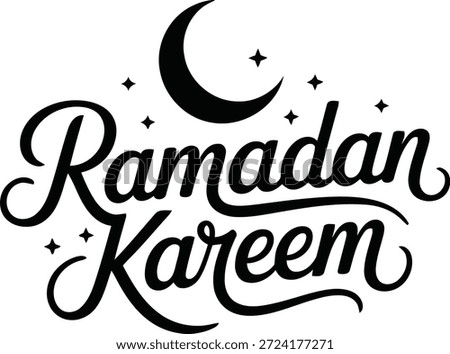 Warm wishes for Ramadan Kareem, presented in stylish black calligraphy with a crescent moon and stars, celebrating Islamic traditions.
