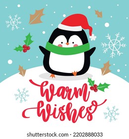 Warm Wishes Text With Happy Penguin And Christmas Ornament