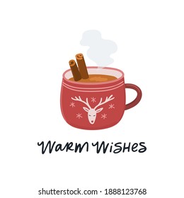 Warm wishes vector calligraphy quote. Hand drawn winter drink illustration, hot cocoa with cinnamon sticks