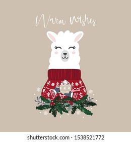 Warm Wishes Winter Card With Happy Llama Vector Illustration. Holiday Greeting Postcard Decorated By Spruce And Snowflake. Funny Animal Wearing Sweater Holding Cup Of Sweet Drink