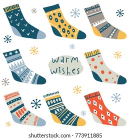 Warm wishes. Winter vector card with cute socks and hand written text. Funny doodle socks set with different patterns. Merry xmas, Ney Year icons, elements and illustrations