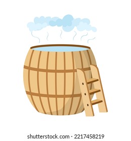 Warm wooden barrel with ladder. Hot steam. Wooden vat, outdoors spa concept. Equipment for your own sauna or bathhouse. Isolated vector illustration on white background. Cartoon style