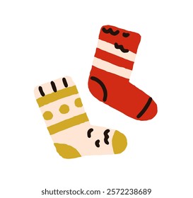 Warm wool knitted socks. Cozy winter foot wear for cold weather, season. Comfortable soft accessory, woolen knitwear, clothes. Flat graphic vector illustration isolated on white background