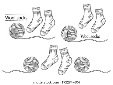 Warm wool socks with yarn ball line icons set. Hand knitted. Winter textile socks pair. Handmade knitwear. Clothes natural materials. Knitting from woolen thread. Outline label for packaging. Vector 