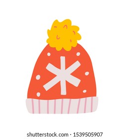 Warm woolen handmade beanie hat with snowflake knitted decoration for cold winter weather. Hand drawn doodle drawing. 