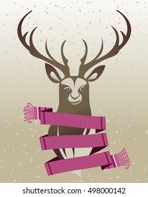 Warm woolen scarf on the neck of the deer. Vector flat illustration. Web banners, advertisements, brochures, business templates.