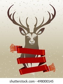 Warm woolen scarf on the neck of the deer. Vector flat illustration. Web banners, advertisements, brochures, business templates.