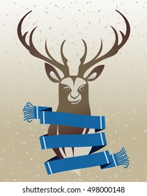 Warm woolen scarf on the neck of the deer. Vector flat illustration. Web banners, advertisements, brochures, business templates.