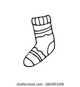 Warm woolen sock. Vector hand-drawn doodle illustration. Black and white outline