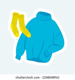 Warm woolen sweater and cute socks. Cozy home elements. Vector illustration in cartoon sticker design