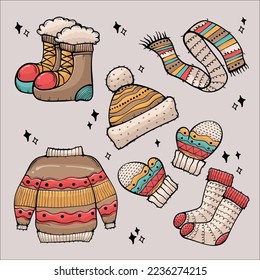 Warm Woolen Winter Clothes Retro Design Vector Illustration Hand Drawn Set
