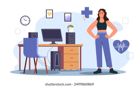 Warm up from work. Young girl in tracksuit near her workplace. Active lifestyle and sports. Fitness and workout for office workers. Flat vector illustration isolated on white background