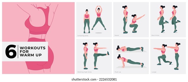 Caliente el conjunto de entrenamiento. Las mujeres entrenan fitness, aerobic y ejercicios. Ilustración vectorial.