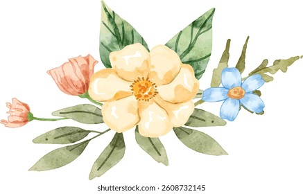 Warm Yellow and Blue Floral Design. Fresh Botanical Artwork