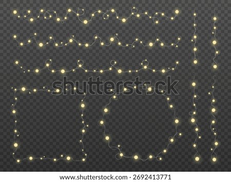 Warm yellow Christmas string lights with realistic glow. Ideal for holiday decorations, cards, posters, invitations, and cozy winter projects.