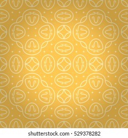 Warm yellow geometrical seamless pattern background in tribal style. Colorful, graphic design for textile, packing-paper, web or other purpose. Complex mosaic repeatable backdrop. Retro tracery.