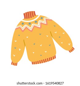Warm yellow knitted hand made sweater for autumn or winter season. Isolated cartoon handdrawn vector illustration.