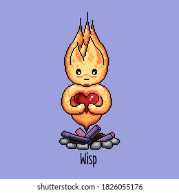 Warm yellow light in old pixel art. 16 bit wisp holding a heart in vector style. Cute illustration for coloring pages, drawing by squares, stickers. Fire character in a bonfire for video games.