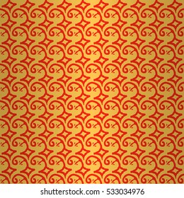 Warm yellow ornamental seamless pattern background in aztec inspired style. Retro decor. Colored, contrast design for ads, fabric, surface or other purpose. Entangled mosaic repeatable backdrop.