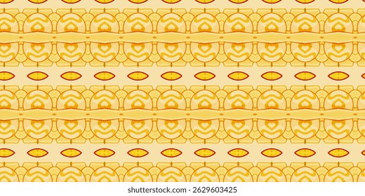 Warm yellow seamless pattern with tribal-inspired symmetrical elements.