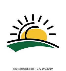 Warm yellow sun dipping below green landscape, representing dusk, evening, and end of day. Evening vista vector.