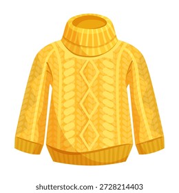 Suéter de cuello alto amarillo cálido con diseño de punto de cable, estilo de dibujos animados, aislado sobre fondo blanco. Concepto de ropa de invierno. Ilustración vectorial