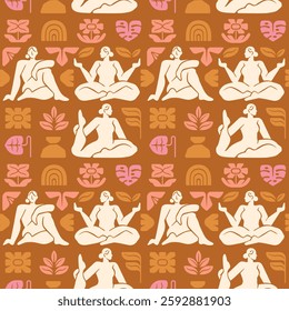 Warm-colored seamless pattern with abstract yoga silhouettes and nature-inspired motifs. Ideal for wellness projects and creative designs.