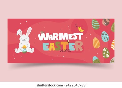 Warmest Easter wishes with chick and bunny. Holiday horizontal banner template design with handwritten lettering. Easter eggs and cute animal characters. Festive hand drawn flat vector illustration