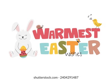 Warmest easter wishes handwritten lettering concept. Cute festive card design. Bunny character holding egg. Chick personage singing on top of letter. Easter related hand drawn flat vector illustration