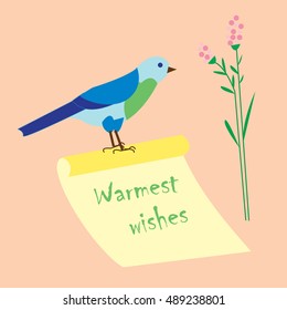 Warmest wishes ,hand-lettering on paper scroll, decorative bird and flower, festive design, postcard, banner, poster, vector illustration
