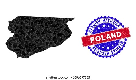 Warmian-Masurian Voivodeship map polygonal mesh with filled triangles, and rubber bicolor rubber seal. Triangle mosaic Warmian-Masurian Voivodeship map with triangular vector model,