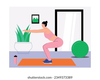 Warming up before yoga at the gym, indoor physical activity, fitness vector illustration.