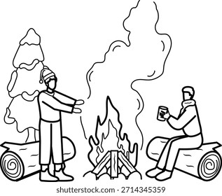 Warming Up by the Fire Concept, Hot Drinks und warme Flammen zusammen Vektorsymbol-Design, Winter Saison Element Symbol, frostige Wetteraktivität Zeichen, kälteste Saison Stockgrafik