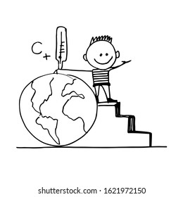 Warming of the climate on the planet Earth. A boy measures the temperature at the North pole with a thermometer. Cartoon character, Doodle illustration. Vector.