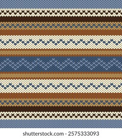 Warming color knitting seamless pattern. With brown, mustard and blue color tone. Knitted style pattern for textile printing and embroidery handicraft. 