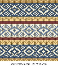 Warming color Native American knitting pattern. With brown, mustard and blue color tone. Design for clothing, textile printing and fabric printing.