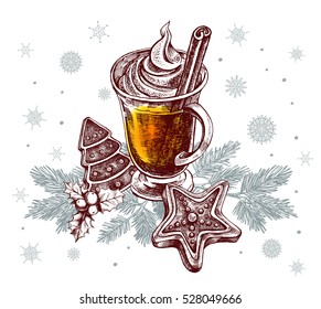 Warming drink with cinnamon sticks and gingerbread on spruce branches. Template for Christmas greeting cards, invitations, posters, flyers. Hand-drawn vector illustration.