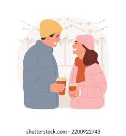 Warming drinks isolated cartoon vector illustration. Cheerful happy couple walking with hot coffee, winter holidays, Christmas market, spending xmas time together vector cartoon.