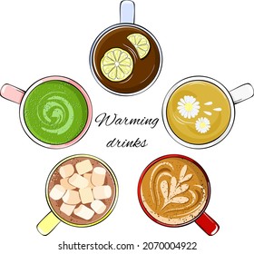 Warming drinks set in vector. Black, hot tea with lemon, latte, matcha, cocoa with marshmallows, green tea with chamomile.