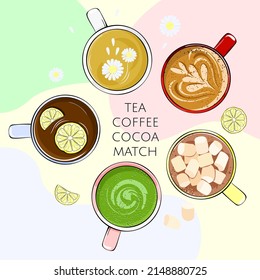 Warming drinks set in vector. Black, hot tea with lemon, latte, matcha, cocoa with marshmallows, green tea with chamomile.