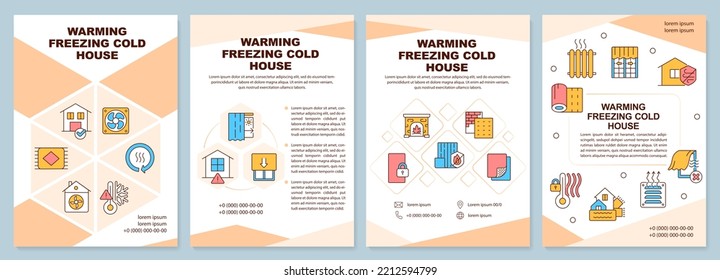 Warming Freezing Cold House Peachy Brochure Template. Heat. Leaflet Design With Linear Icons. Editable 4 Vector Layouts For Presentation, Annual Reports. Arial-Black, Myriad Pro-Regular Fonts Used