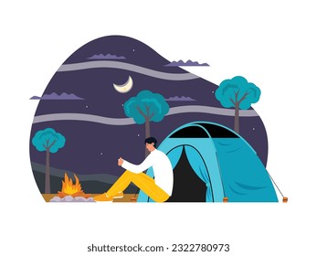 Warming up in front of a campfire, enjoying alone time, camping vector illustration.