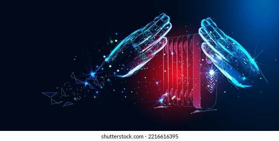 Warming up hands over electric heater. Polygon vector wireframe concept. Headline