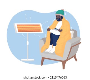 Calentamiento en la ilustración aislada del vector 2D del hogar. Hombre helado sentado en un sillón de caricatura de fondo. El tiempo frío. Situación cotidiana y vida diaria colorida escena