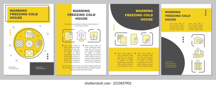 Warming house yellow brochure template. Winter preparations. Leaflet design with linear icons. Editable 4 vector layouts for presentation, annual reports. Arial, Myriad Pro-Regular fonts used